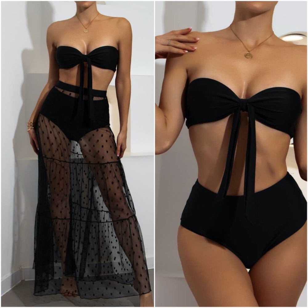 3 piece front tie black bikini dot maxi skirt set - Picture 1 of 7